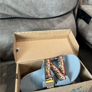 Chaco Sandals with Orange and Black Leopard Straps